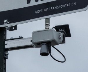 Image of a flood sensor on a cloudy day