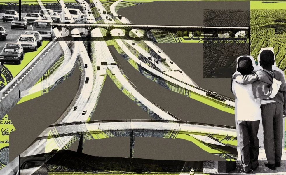 collage of children looking at a highway interchange