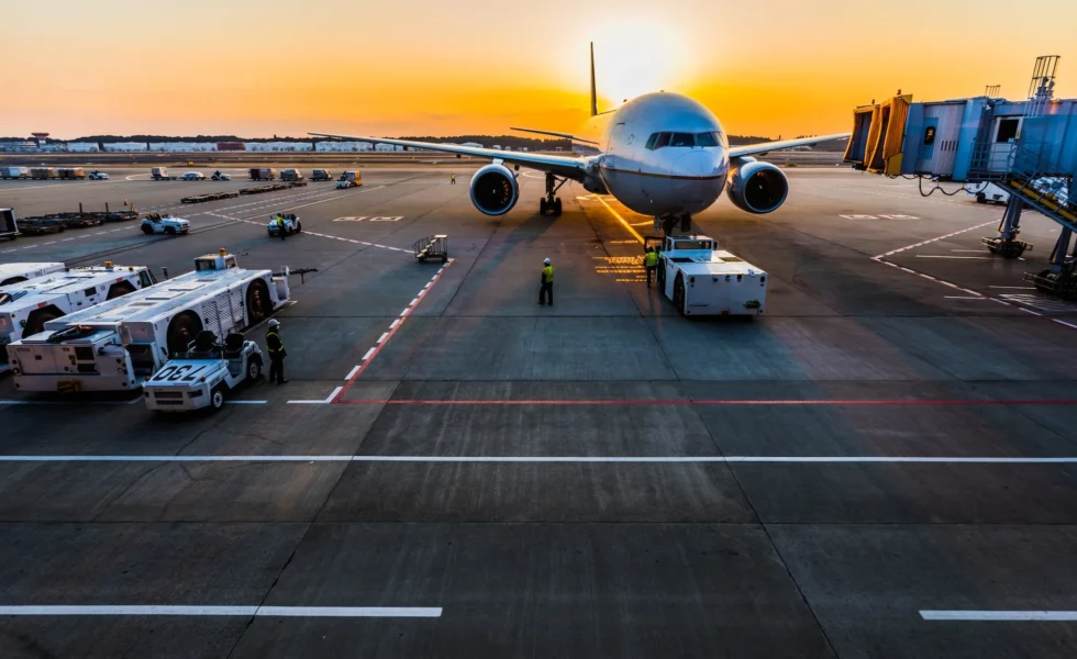 plane on a tarmac at sunset