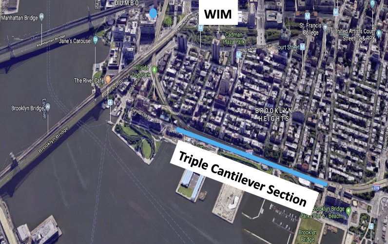 aerial shot of Brooklyn area with triple cantilever section