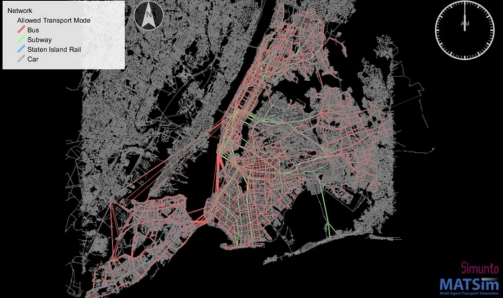 Screenshot of MATSim overlay of NYC transport modes