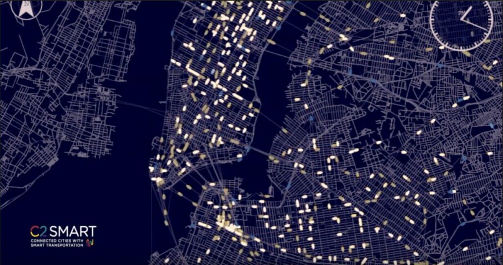 screenshot of a C2SMART matsim simulation of NYC