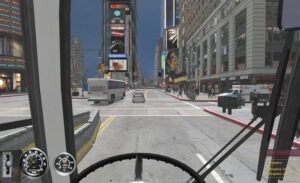 animated generated image of a bus driver's perspective while driving