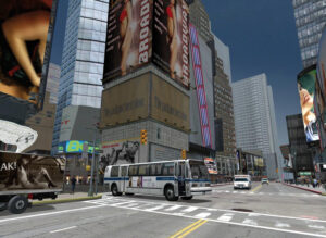 animated generated image of a bus driving in city intersection