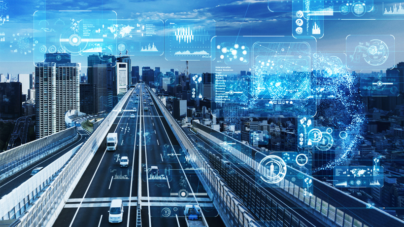 cars on a city bridge with data graphic overlay