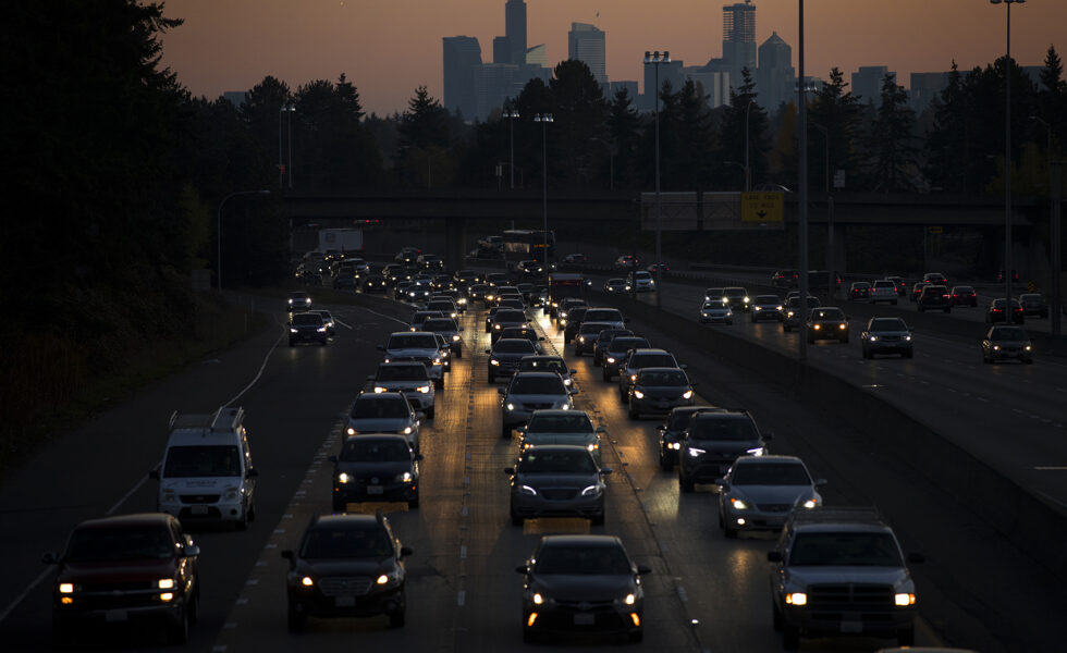 Traffic is shown during rush hour along I-5 North on Monday, November 4, 2019, from Northeast 92nd Street in Seattle.