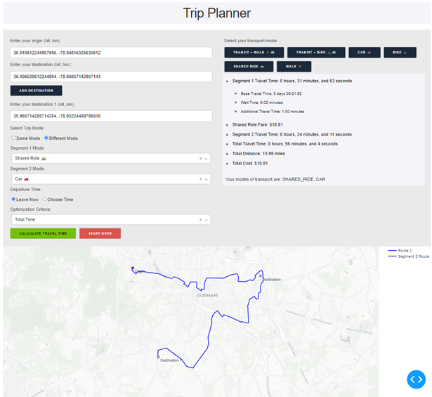Screenshot of trip planner app