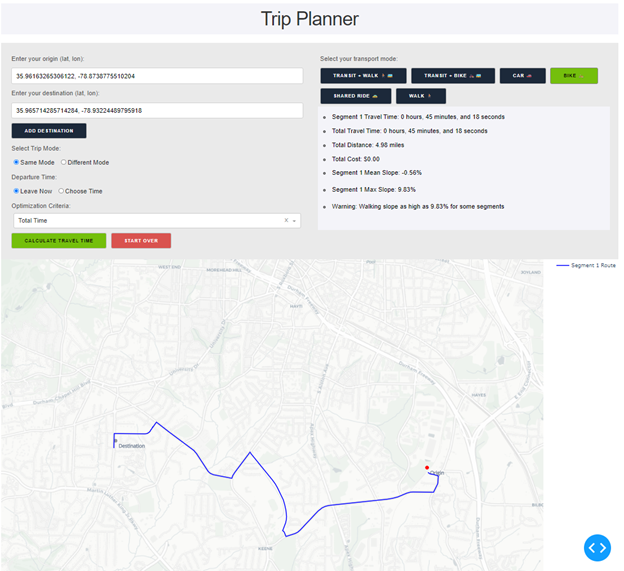Screenshot of trip planner app