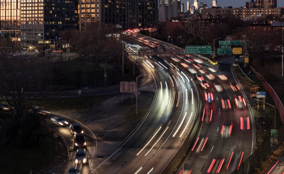overhead photo of a Brooklyn highway at dusk
