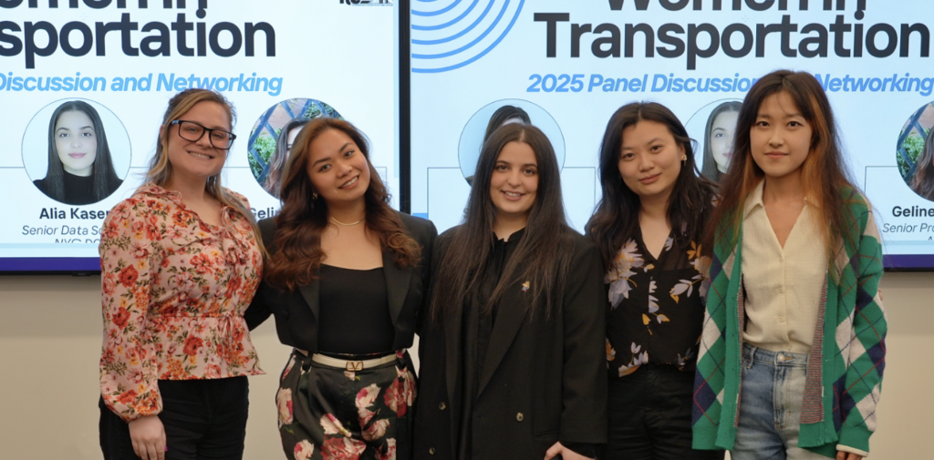 photo of Lizzie Pohl and Dr. Gao with the panelists and moderator of the Women in Transportation event