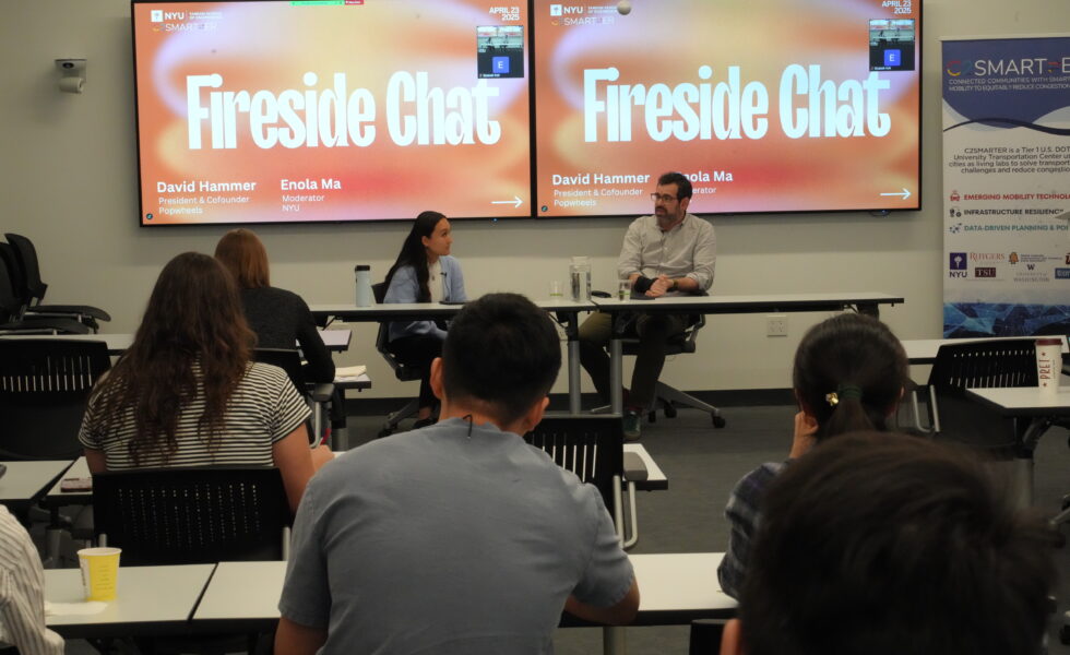 photo of moderator Enola Ma, guest David Hammer, and some audience members at the fireside chat.
