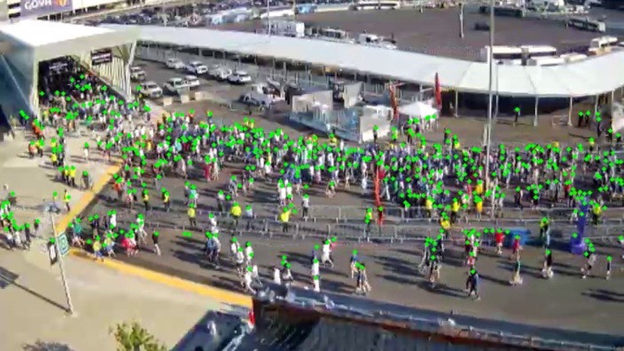 Crowds of World Cup fans near MetLife Stadium with Edge-AI pedestrian detections overlaid